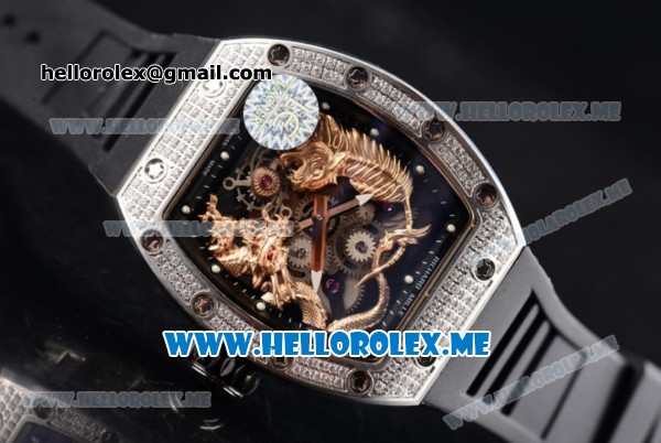 Richard Mille RM 51-01 Tourbillon Tiger and Dragon Asia Manual Winding Steel Case with Seleton Dial and Black Rubber Strap Diamonds Bezel - Click Image to Close